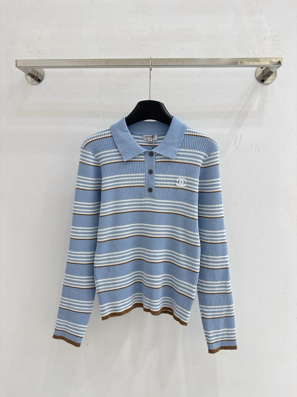 💙 Chanel Blue Striped Rib Knit Polo Top CC Logo